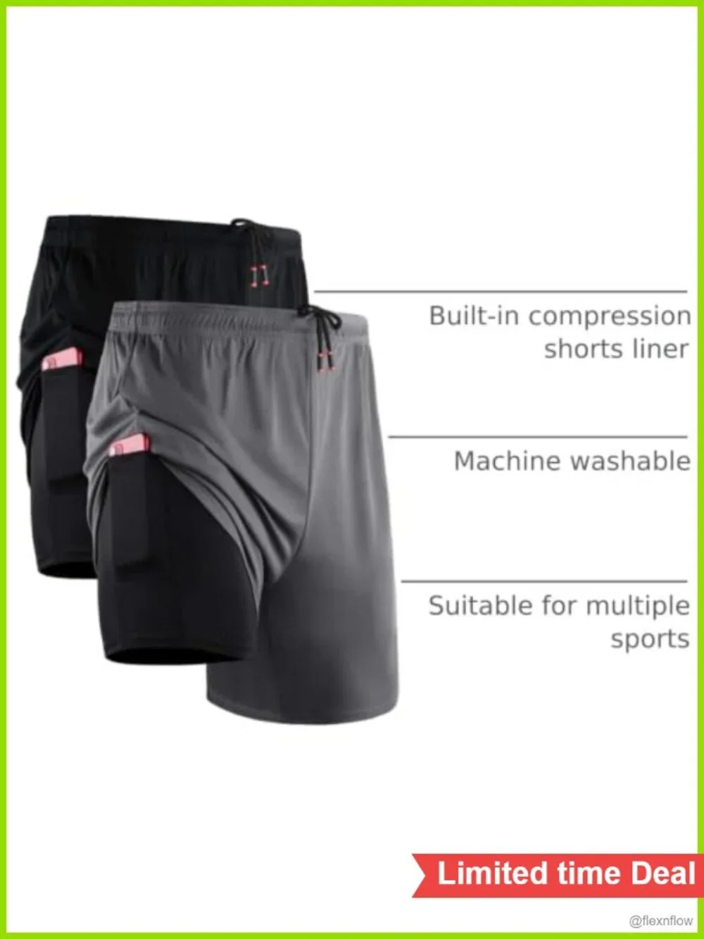 Men's 2-in-1 Running Shorts with Liner, Quick-Dry Workout Shorts with Pockets